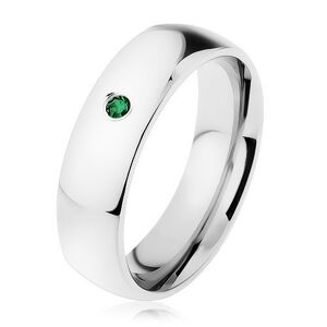 Zrcadlově lesklý prsten z oceli, stříbrná barva, drobný tmavě zelený zirkon - Velikost: 49